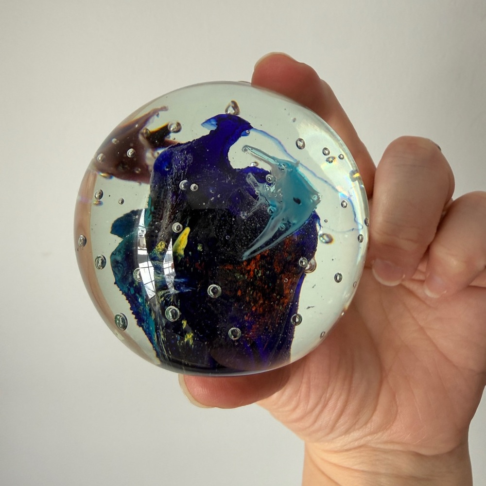 Art Glass Paperweight with Blue and Teal Swirls